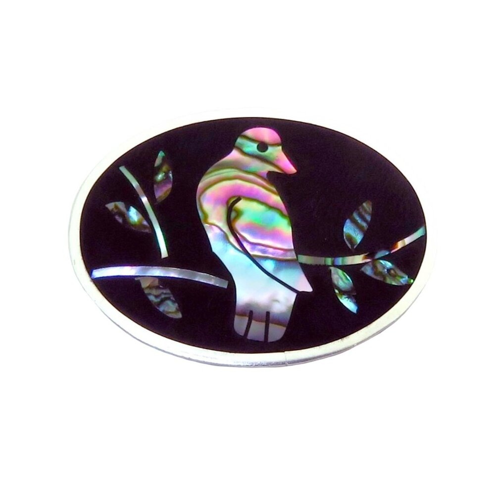 Vintage Sterling Silver Taxco Mexico Abalone & Black Onyx Bird Brooch Pendant